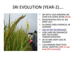 SRI EVOLUTION (YEAR-2)….
            • SRI WITH 1010 FARMERS ON
              OVER 470 ACRES (EVEN-AYLA)
            • REGISTRATION FEES VS. 8%
              DROP OUT
            • ALLOWED ORG+CHEMICAL IN
              SUMMER
            • USE OF EM-TECHNOLOGY
            • LOW LAND SRI ENHANCED
              50% YIELD:EARLY
              TRANSPLANTATION
            • 30 TO 40% CROP LOSS IN
              SUMMER
            • 118 FARMERS PRACTICED
              LOCAL VARIETIES (28% in low
              land,22% aromatic)
 