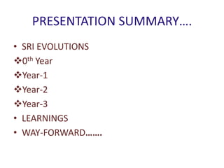 PRESENTATION SUMMARY….
• SRI EVOLUTIONS
0th Year
Year-1
Year-2
Year-3
• LEARNINGS
• WAY-FORWARD…….
 