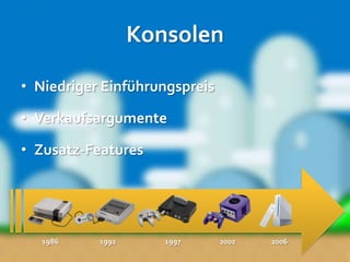 Konsolen

• Niedriger Einführungspreis

• Verkaufsargumente

• Zusatz-Features




   1986    1992      1997      2002   2006
 