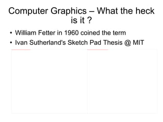 Computer Graphics – What the heck is it ? William Fetter in 1960 coined the term Ivan Sutherland's Sketch Pad Thesis @ MIT 