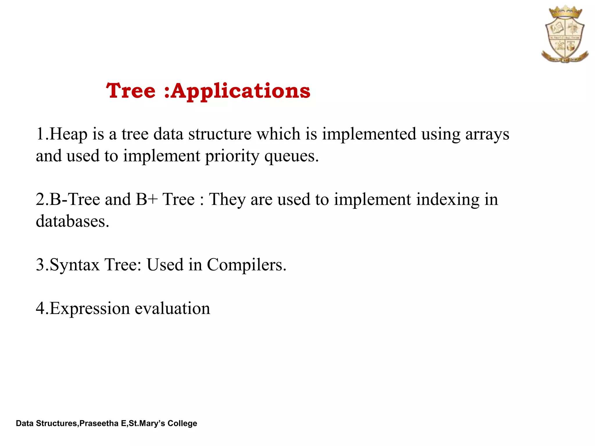 Data Structures,Praseetha E,St.Mary’s College Tree :Applications 1.Heap is a tree data structure which is implemented using arrays and used to implement priority queues. 2.B-Tree and B+ Tree : They are used to implement indexing in databases. 3.Syntax Tree: Used in Compilers. 4.Expression evaluation 