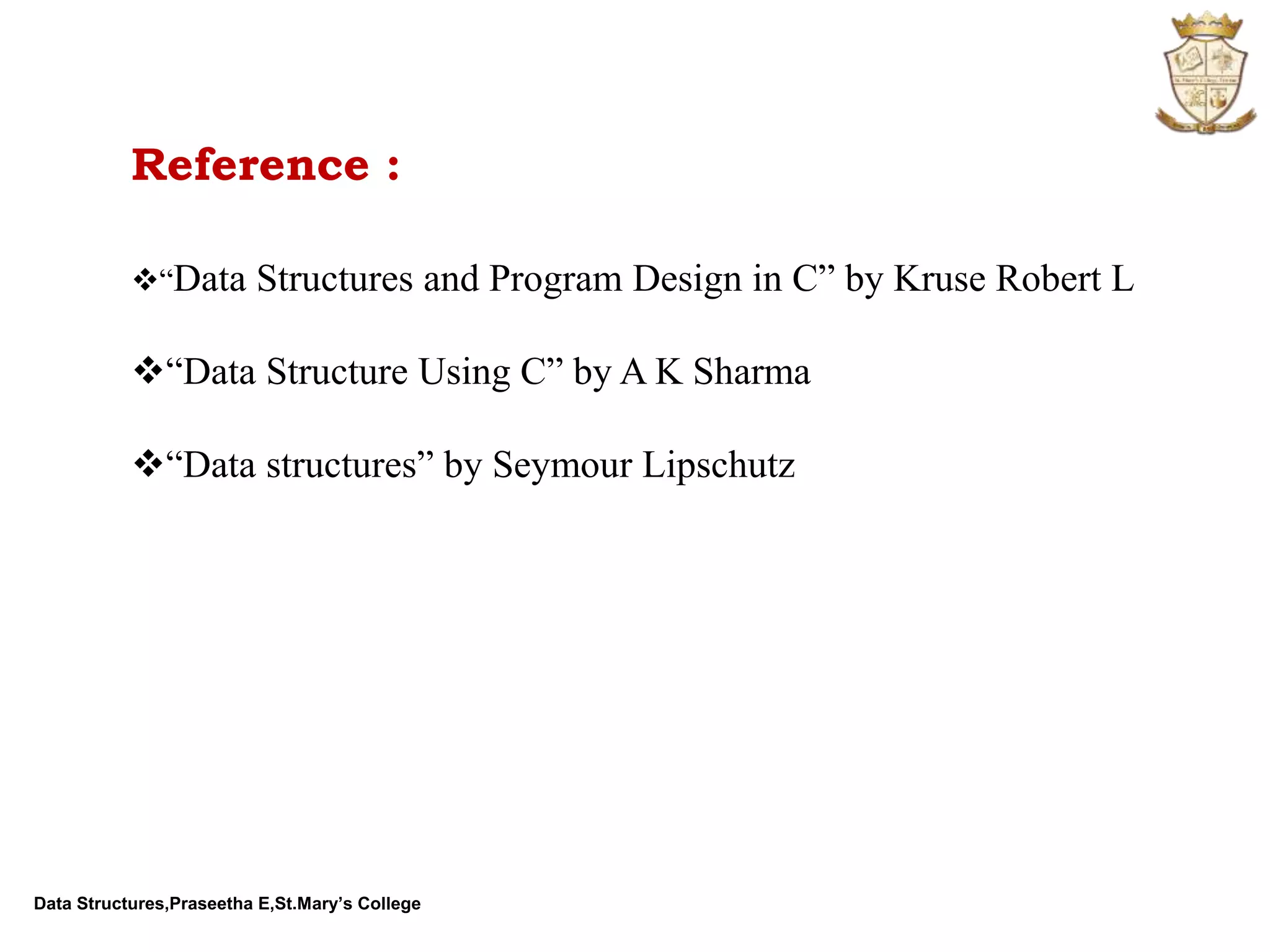 Data Structures,Praseetha E,St.Mary’s College Reference : “Data Structures and Program Design in C” by Kruse Robert L “Data Structure Using C” by A K Sharma “Data structures” by Seymour Lipschutz 