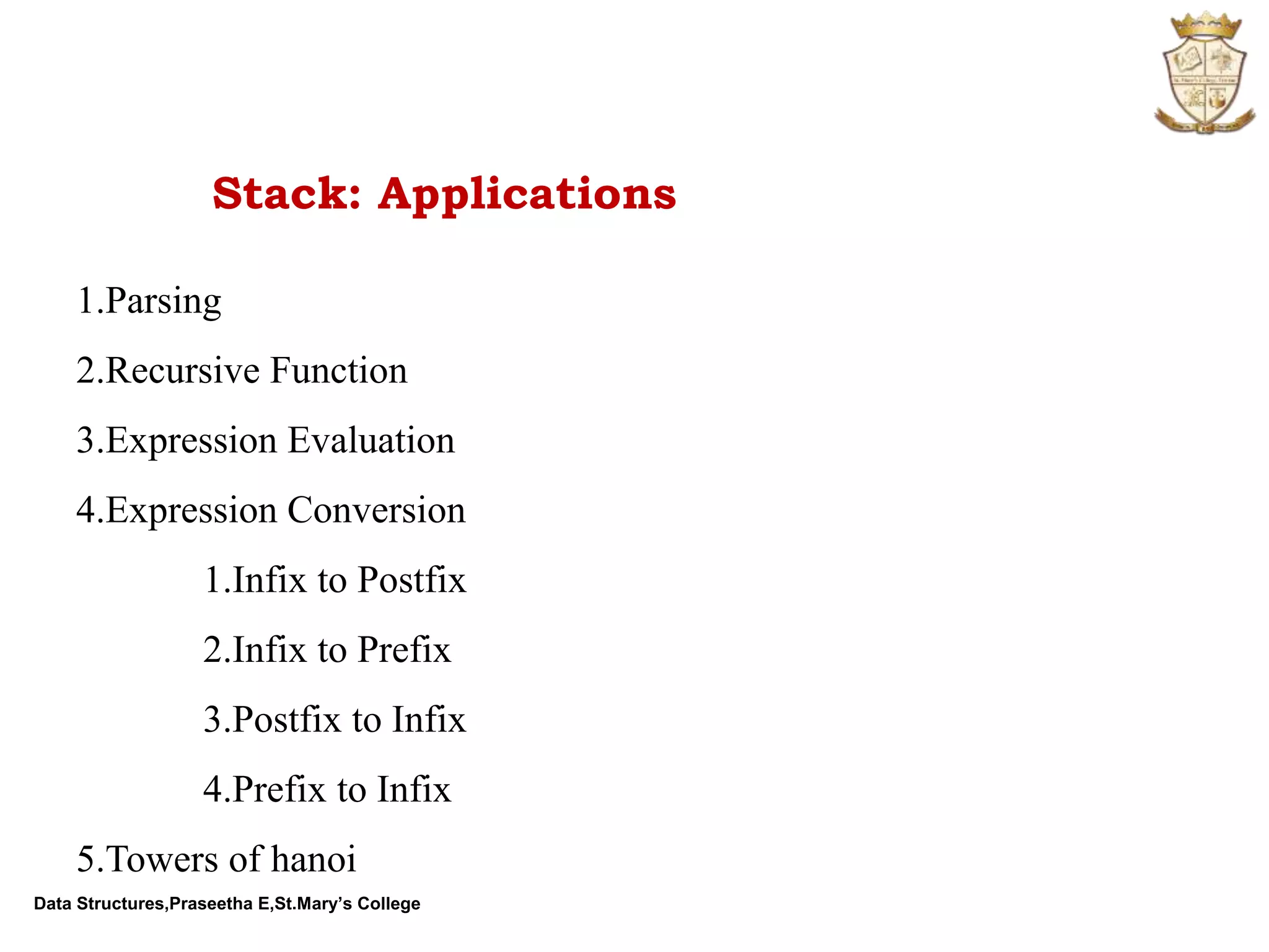 Data Structures,Praseetha E,St.Mary’s College Stack: Applications 1.Parsing 2.Recursive Function 3.Expression Evaluation 4.Expression Conversion 1.Infix to Postfix 2.Infix to Prefix 3.Postfix to Infix 4.Prefix to Infix 5.Towers of hanoi 