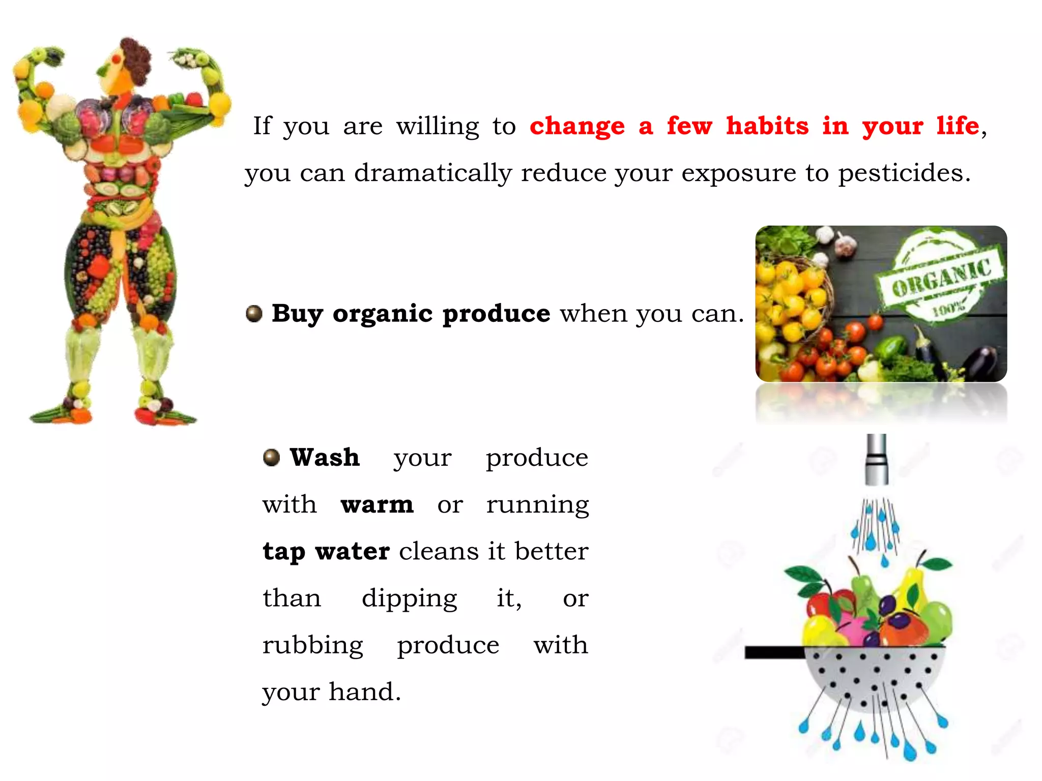 If you are willing to change a few habits in your life,
you can dramatically reduce your exposure to pesticides.
Buy organic produce when you can.
Wash your produce
with warm or running
tap water cleans it better
than dipping it, or
rubbing produce with
your hand.
 