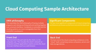 Cloud Computing Sample Architecture
UNIX philosophy
This resembles the UNIX philosophy of having multiple
programs each doing one thing well and working together
over universal interfaces. Complexity is controlled and the
resulting systems are more manageable than their
monolithic counterparts
Front End
The front end is the part seen by the client, i.e. the
computer user. This includes the client's network (or
computer) and the applications used to access the cloud
via a user interface such as a web browser.
Significant Components
The two most significant components of cloud computing
architecture are known as the front end and the back end.
Back End
The back end of the cloud computing architecture is the
“cloud” itself, comprising various computers, servers and
data storage devices.
 