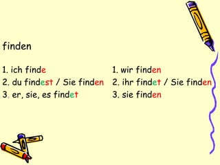 finden
1. ich finde 1. wir finden
2. du findest / Sie finden 2. ihr findet / Sie finden
3. er, sie, es findet 3. sie finden
 