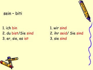 sein – biti
1. ich bin 1. wir sind
2. du bist/Sie sind 2. ihr seid/ Sie sind
3. er, sie, es ist 3. sie sind
 
