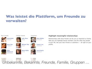 Was leistet die Plattform, um Freunde zu
 verwalten?




Unbekannte, Bekannte, Freunde, Familie, Gruppen …
 