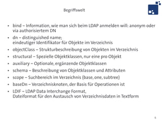 Begriffswelt


●   bind – Information, wie man sich beim LDAP anmelden will: anonym oder
    via authorisiertem DN
●   dn – distinguished name;
    eindeutiger Identifikator für Objekte im Verzeichnis
●   objectClass – Strukturbeschreibung von Objekten im Verzeichnis
●   structural – Spezielle Objektklassen, nur eine pro Objekt
●   auxiliary – Optionale, ergänzende Objektklassen
●   schema – Beschreibung von Objektklassen und Attributen
●   scope – Suchbereich im Verzeichnis (base, one, subtree)
●   baseDn – Verzeichnisknoten, der Basis für Operationen ist
●   LDIF – LDAP Data Interchange Format,
    Dateiformat für den Austausch von Verzeichnisdaten in Textform



                                                                        6
 