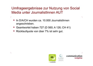 Umfrageergebnisse zur Nutzung von Social
Media unter JournalistInnen AUT

  In D/A/CH wurden ca. 10.000 JournalistInnen
   angeschrieben.
  Geantwortet haben 727 (D 560; A 126; CH 41)
  Rücklaufquote von über 7% ist sehr gut.
 