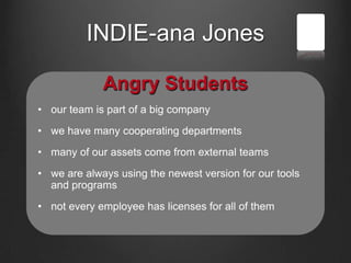 INDIE-ana Jones
Angry Students
• our team is part of a big company
• we have many cooperating departments
• many of our assets come from external teams
• we are always using the newest version for our tools
and programs
• not every employee has licenses for all of them
 