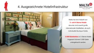 4. Ausgezeichnete Hotelinfrastruktur
Malta hat eine Vielzahl von
5- und 4-Sterne Hotels
darunter sind sowohl große
internationale Hotelketten, als auch
individuelle Boutique Hotels.
3.500 Gästebetten in 5-Sterne Hotels
Insgesamt können 5.500 Gäste
untergebracht werden.
 
