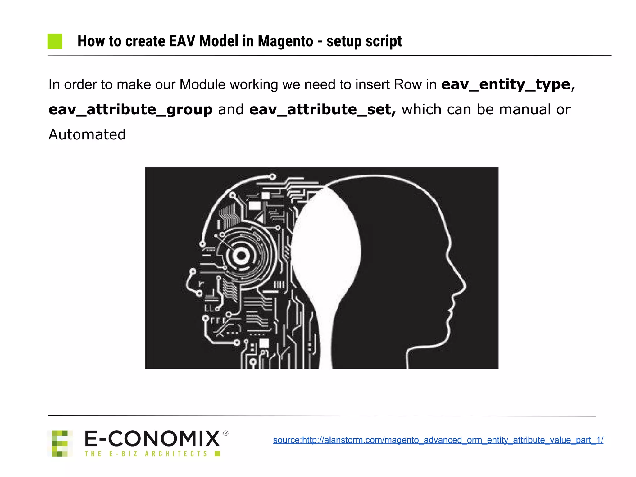 How to create EAV Model in Magento - setup script
In order to make our Module working we need to insert Row in eav_entity_type,
eav_attribute_group and eav_attribute_set, which can be manual or
Automated
source:http://alanstorm.com/magento_advanced_orm_entity_attribute_value_part_1/
 