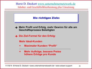 18 
Horst D. Deckert www.unternehmernetzwerk.de 
Inhaber- und Geschäftsführerberatung plus Umsetzung 
Die richtigen Ziele: 
Mehr Profit und Erfolg, mehr Gewinn für alle am 
Geschäftsprozess Beteiligten 
Die Ziel-Formel für den Erfolg: 
Mehr Ideal-Kunden 
+ Maximaler Kunden-“Profit“ 
= 
Mehr Aufträge, bessere Preise 
höhere Erträge pro Kunde 
 
 
11/18/14 © Horst D. Deckert • www.unternehmernetzwerk.de • www.wissen.support  
