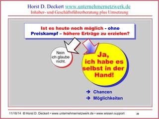 20 
Horst D. Deckert www.unternehmernetzwerk.de 
Inhaber- und Geschäftsführerberatung plus Umsetzung 
Ist es heute noch möglich - ohne 
Preiskampf – höhere Erträge zu erzielen? 
Nein 
ich glaube 
nicht. 
Ja, 
ich habe es 
selbst in der 
Hand! 
Chancen 
Möglichkeiten 
 
 
11/18/14 © Horst D. Deckert • www.unternehmernetzwerk.de • www.wissen.support  
