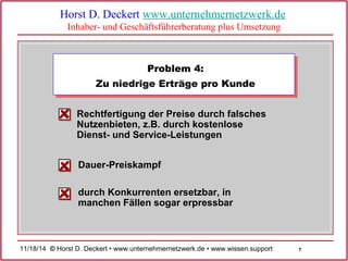 7 
Horst D. Deckert www.unternehmernetzwerk.de 
Inhaber- und Geschäftsführerberatung plus Umsetzung 
Problem 4: 
Zu niedrige Erträge pro Kunde 
Rechtfertigung der Preise durch falsches 
Nutzenbieten, z.B. durch kostenlose 
Dienst- und Service-Leistungen 
Dauer-Preiskampf 
durch Konkurrenten ersetzbar, in 
manchen Fällen sogar erpressbar 
11/18/14 © Horst D. Deckert • www.unternehmernetzwerk.de • www.wissen.support  