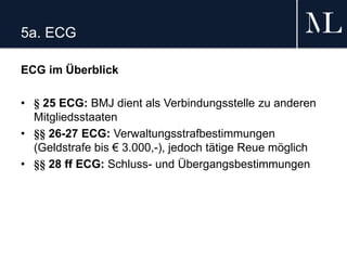 5a. ECG
ECG im Überblick
• § 25 ECG: BMJ dient als Verbindungsstelle zu anderen
Mitgliedsstaaten
• §§ 26-27 ECG: Verwaltungsstrafbestimmungen
(Geldstrafe bis € 3.000,-), jedoch tätige Reue möglich
• §§ 28 ff ECG: Schluss- und Übergangsbestimmungen
 