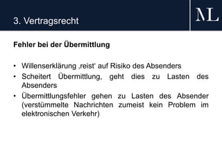 3. Vertragsrecht
Fehler bei der Übermittlung
• Willenserklärung ‚reist‘ auf Risiko des Absenders
• Scheitert Übermittlung, geht dies zu Lasten des
Absenders
• Übermittlungsfehler gehen zu Lasten des Absender
(verstümmelte Nachrichten zumeist kein Problem im
elektronischen Verkehr)
 