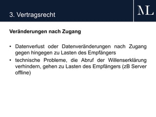 3. Vertragsrecht
Veränderungen nach Zugang
• Datenverlust oder Datenveränderungen nach Zugang
gegen hingegen zu Lasten des Empfängers
• technische Probleme, die Abruf der Willenserklärung
verhindern, gehen zu Lasten des Empfängers (zB Server
offline)
 
