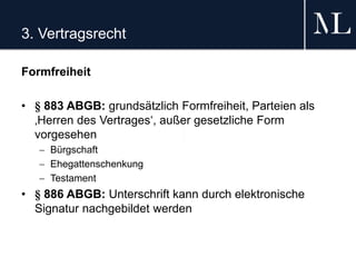 3. Vertragsrecht
Formfreiheit
• § 883 ABGB: grundsätzlich Formfreiheit, Parteien als
‚Herren des Vertrages‘, außer gesetzliche Form
vorgesehen
 Bürgschaft
 Ehegattenschenkung
 Testament
• § 886 ABGB: Unterschrift kann durch elektronische
Signatur nachgebildet werden
 