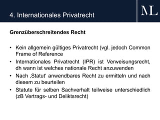 4. Internationales Privatrecht
Grenzüberschreitendes Recht
• Kein allgemein gültiges Privatrecht (vgl. jedoch Common
Frame of Reference
• Internationales Privatrecht (IPR) ist Verweisungsrecht,
dh wann ist welches nationale Recht anzuwenden
• Nach ‚Statut‘ anwendbares Recht zu ermitteln und nach
diesem zu beurteilen
• Statute für selben Sachverhalt teilweise unterschiedlich
(zB Vertrags- und Deliktsrecht)
 