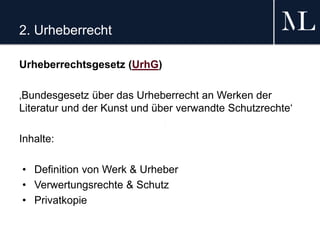 2. Urheberrecht
Urheberrechtsgesetz (UrhG)
‚Bundesgesetz über das Urheberrecht an Werken der
Literatur und der Kunst und über verwandte Schutzrechte‘
Inhalte:
• Definition von Werk & Urheber
• Verwertungsrechte & Schutz
• Privatkopie
 