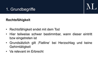 1. Grundbegriffe
Rechtsfähigkeit
• Rechtsfähigkeit endet mit dem Tod
• Hier teilweise schwer bestimmbar, wann dieser eintritt
bzw eingetreten ist
• Grundsätzlich gilt ‚Flatline‘ bei Herzschlag und keine
Gehirntätigkeit
• Va relevant im Erbrecht
 
