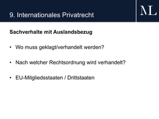 9. Internationales Privatrecht
Sachverhalte mit Auslandsbezug
• Wo muss geklagt/verhandelt werden?
• Nach welcher Rechtsordnung wird verhandelt?
• EU-Mitgliedsstaaten / Drittstaaten
 