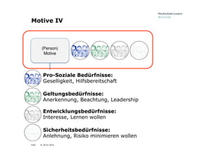 Folie
Motive IV
Pro-Soziale Bedürfnisse:
Geselligkeit, Hilfsbereitschaft
Geltungsbedürfnisse:
Anerkennung, Beachtung, Leadership
Entwicklungsbedürfnisse:
Interesse, Lernen wollen
Sicherheitsbedürfnisse:
Anlehnung, Risiko minimieren wollen
8, 26.01.2016
 