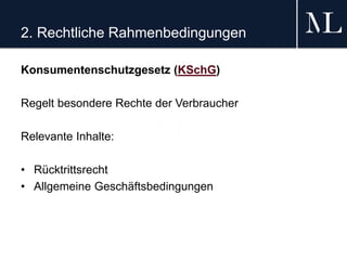 2. Rechtliche Rahmenbedingungen
Konsumentenschutzgesetz (KSchG)
Regelt besondere Rechte der Verbraucher
Relevante Inhalte:
• Rücktrittsrecht
• Allgemeine Geschäftsbedingungen
 