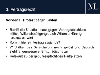 3. Vertragsrecht
Sonderfall Protest gegen Fakten
• Betrifft die Situation, dass gegen Vertragsabschluss
mittels Willensbetätigung durch Willenserklärung
‚protestiert‘ wird
• Kommt hier ein Vertrag zustande?
• Wird über das Bereicherungsrecht gelöst und dadurch
steht ‚angemessene‘ Entschädigung zu
• Relevant zB bei gebührenpflichtigen Parkplätzen
 