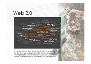 Web 2.0
Am 30. September 2005 schrieb Tim O'Reilly einen Artikel,
der das Thema grundlegend erklärt. Die hier abgebildete
Mindmap zeigt die Prinzipien des Web 2.0. Sie wurde von
Markus Angermeier am 11. November 2005 veröffentlicht.
 