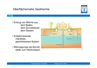 4
Oberflächennahe Geothermie
2. Energiemesse in Hirschaid Energie aus der Tiefe
• Entzug von Wärme aus
dem Boden
dem Grundwasser
dem Gestein
• Erdwärmesonde:
indirektes,
geschlossenes System
• Wärmepumpe als Schnitt-
stelle zum Heizkreislauf
 
