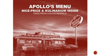 APOLLO‘S MENU
NICE-PRICE & KULINARIUM INSIDE
EINZELPREISE & BUDGETBEISPIELE
 