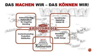 Onlinemarketing
Performance
Re-Targeting
Branding
Socialmedia
Marketing
Online-PR
Webdesign
Kreation
Grafik-Design
MACHEN KÖNNEN
Contentmarketing
Produktion
Distribution
Special:
Fullservice
Marketing für
Genussbranche
 