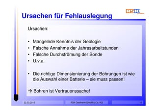 22.03.2015 16
Ursachen für Fehlauslegung
Ursachen:
• Mangelnde Kenntnis der Geologie
• Falsche Annahme der Jahresarbeitstunden
• Falsche Durchströmung der Sonde
• U.v.a.
• Die richtige Dimensionierung der Bohrungen ist wie
die Auswahl einer Batterie – sie muss passen!
Bohren ist Vertrauenssache!
Ursachen:
• Mangelnde Kenntnis der Geologie
• Falsche Annahme der Jahresarbeitstunden
• Falsche Durchströmung der Sonde
• U.v.a.
• Die richtige Dimensionierung der Bohrungen ist wie
die Auswahl einer Batterie – sie muss passen!
Bohren ist Vertrauenssache!
ASK Geotherm GmbH & Co. KG
 