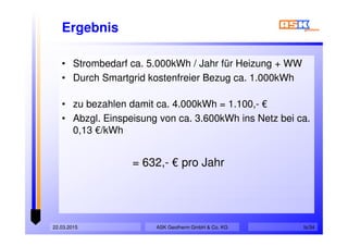 Ergebnis
• Strombedarf ca. 5.000kWh / Jahr für Heizung + WW
• Durch Smartgrid kostenfreier Bezug ca. 1.000kWh
• zu bezahlen damit ca. 4.000kWh = 1.100,- €
• Abzgl. Einspeisung von ca. 3.600kWh ins Netz bei ca.
0,13 €/kWh
• Strombedarf ca. 5.000kWh / Jahr für Heizung + WW
• Durch Smartgrid kostenfreier Bezug ca. 1.000kWh
• zu bezahlen damit ca. 4.000kWh = 1.100,- €
• Abzgl. Einspeisung von ca. 3.600kWh ins Netz bei ca.
0,13 €/kWh
ASK Geotherm GmbH & Co. KG22.03.2015 fs/34
= 632,- € pro Jahr
 
