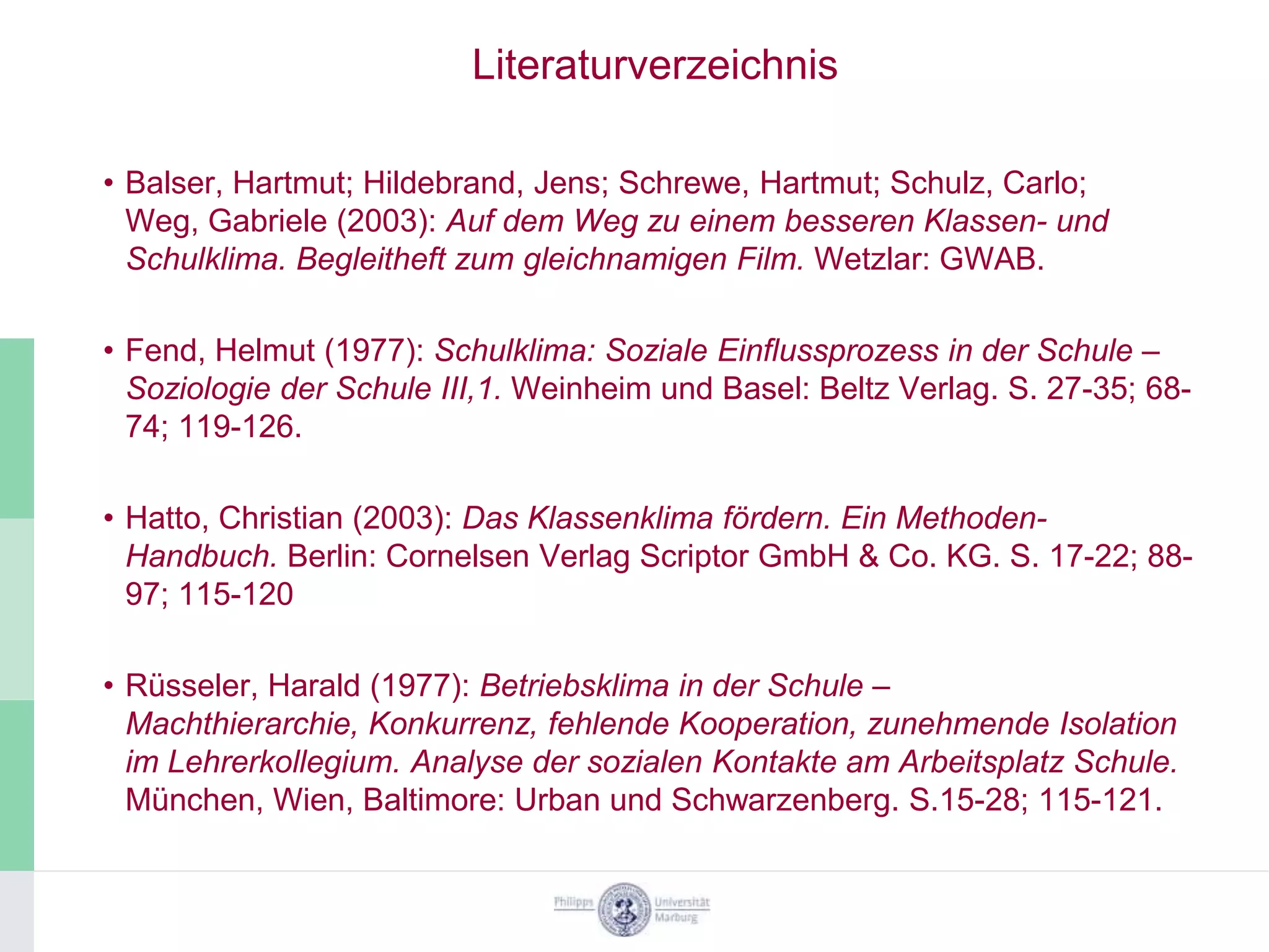 Literaturverzeichnis

• Balser, Hartmut; Hildebrand, Jens; Schrewe, Hartmut; Schulz, Carlo;
  Weg, Gabriele (2003): Auf dem Weg zu einem besseren Klassen- und
  Schulklima. Begleitheft zum gleichnamigen Film. Wetzlar: GWAB.

• Fend, Helmut (1977): Schulklima: Soziale Einflussprozess in der Schule –
  Soziologie der Schule III,1. Weinheim und Basel: Beltz Verlag. S. 27-35; 68-
  74; 119-126.

• Hatto, Christian (2003): Das Klassenklima fördern. Ein Methoden-
  Handbuch. Berlin: Cornelsen Verlag Scriptor GmbH & Co. KG. S. 17-22; 88-
  97; 115-120

• Rüsseler, Harald (1977): Betriebsklima in der Schule –
  Machthierarchie, Konkurrenz, fehlende Kooperation, zunehmende Isolation
  im Lehrerkollegium. Analyse der sozialen Kontakte am Arbeitsplatz Schule.
  München, Wien, Baltimore: Urban und Schwarzenberg. S.15-28; 115-121.
 