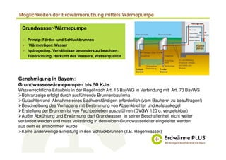 Möglichkeiten der Erdwärmenutzung mittels Wärmepumpe
Grundwasser-Wärmepumpe
Prinzip: Förder- und Schluckbrunnen
Wärmeträger: Wasser
hydrogeolog. Verhältnisse besonders zu beachten:
Fließrichtung, Herkunft des Wassers, Wasserqualität
Genehmigung in Bayern:
Grundwasserwärmepumpen bis 50 KJ/s:
Wasserrechtliche Erlaubnis in der Regel nach Art. 15 BayWG in Verbindung mit Art. 70 BayWG
Bohranzeige erfolgt durch ausführende Brunnenbaufirma
Gutachten und Abnahme eines Sachverständigen erforderlich (vom Bauherrn zu beauftragen!)
Beschreibung des Vorhabens mit Bestimmung von Absenktrichter und Aufstaukegel
Erstellung der Brunnen ist von Fachbetrieben auszuführen (DVGW 120 o. vergleichbar)
Außer Abkühlung und Erwärmung darf Grundwasser in seiner Beschaffenheit nicht weiter
verändert werden und muss vollständig in denselben Grundwasserleiter eingeleitet werden
aus dem es entnommen wurde
Keine anderweitige Einleitung in den Schluckbrunnen (z.B. Regenwasser)
 