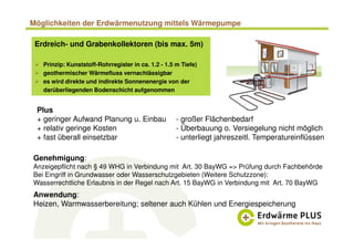Möglichkeiten der Erdwärmenutzung mittels Wärmepumpe
Erdreich- und Grabenkollektoren (bis max. 5m)
Prinzip: Kunststoff-Rohrregister in ca. 1.2 - 1.5 m Tiefe)
geothermischer Wärmefluss vernachlässigbar
es wird direkte und indirekte Sonnenenergie von der
darüberliegenden Bodenschicht aufgenommen
Plus
+ geringer Aufwand Planung u. Einbau
+ relativ geringe Kosten
+ fast überall einsetzbar
- großer Flächenbedarf
- Überbauung o. Versiegelung nicht möglich
- unterliegt jahreszeitl. Temperatureinflüssen
Genehmigung:
Anzeigepflicht nach § 49 WHG in Verbindung mit Art. 30 BayWG => Prüfung durch Fachbehörde
Bei Eingriff in Grundwasser oder Wasserschutzgebieten (Weitere Schutzzone):
Wasserrechtliche Erlaubnis in der Regel nach Art. 15 BayWG in Verbindung mit Art. 70 BayWG
Anwendung:
Heizen, Warmwasserbereitung; seltener auch Kühlen und Energiespeicherung
 