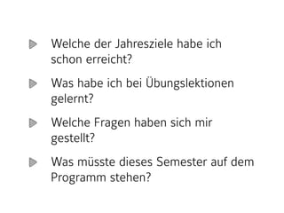 Welche der Jahresziele habe ich
schon erreicht?
Was habe ich bei Übungslektionen
gelernt?
Welche Fragen haben sich mir
gestellt?
Was müsste dieses Semester auf dem
Programm stehen?
 