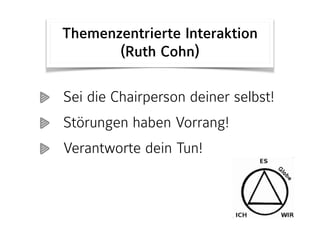 Themenzentrierte Interaktion
(Ruth Cohn)
Sei die Chairperson deiner selbst!
Störungen haben Vorrang!
Verantworte dein Tun!
 