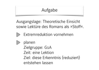 Aufgabe
Ausgangslage: Theoretische Einsicht
sowie Lektüre des Romans als »Stoff«.
Extremreduktion vornehmen
planen 
Zielgruppe: G1A 
Zeit: eine Lektion 
Ziel: diese Erkenntnis (reduziert)
entstehen lassen
 
