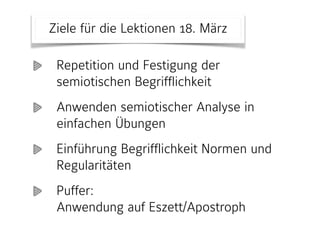 Repetition und Festigung der
semiotischen Begrifflichkeit
Anwenden semiotischer Analyse in
einfachen Übungen
Einführung Begrifflichkeit Normen und
Regularitäten
Puffer:  
Anwendung auf Eszett/Apostroph
Ziele für die Lektionen 18. März
 