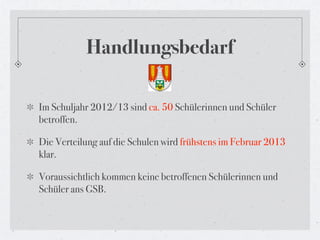 Handlungsbedarf

Im Schuljahr 2012/13 sind ca. 50 Schülerinnen und Schüler
betroffen.

Die Verteilung auf die Schulen wird frühstens im Februar 2013
klar.

Voraussichtlich kommen keine betroffenen Schülerinnen und
Schüler ans GSB.
 