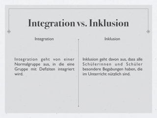 Integration vs. Inklusion
          Integration                        Inklusion



Integration geht von einer       Inklusion geht davon aus, dass alle
Normalgruppe aus, in die eine    Schülerinnen und Schüler
Gruppe mit Deﬁziten integriert   besondere Begabungen haben, die
wird.                            im Unterricht nützlich sind.
 
