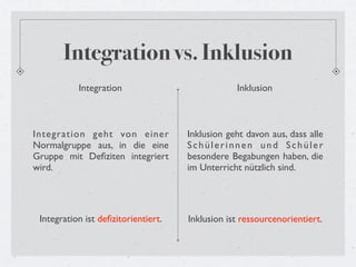 Integration vs. Inklusion
           Integration                           Inklusion



Integration geht von einer           Inklusion geht davon aus, dass alle
Normalgruppe aus, in die eine        Schülerinnen und Schüler
Gruppe mit Deﬁziten integriert       besondere Begabungen haben, die
wird.                                im Unterricht nützlich sind.




 Integration ist deﬁzitorientiert.   Inklusion ist ressourcenorientiert.
 