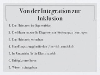 Von der Integration zur
              Inklusion
1. Das Phänomen ist diagnostiziert

2. Die Eltern nutzen die Diagnose, um Förderung zu beantragen

3. Das Phänomen verstehen

4. Handlungsstrategien für den Unterricht entwickeln

5. Im Unterricht für die Klasse handeln

6. Erfolg kontrollieren

7. Wissen weitergeben
 