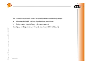 25.03.2015
©CopyrightbyGBI,copyanduseonlywithpermissionofGBImbH&Co.KG
25.03.2015
©CopyrightbyGBI,copyanduseonlywithpermissionofGBImbH&Co.KG
Die Zielerreichungsstrategie basiert im Wesentlichen auf drei Handlungsfeldern:
• Ausbau Erneuerbarer Energien (= Ersatz fossiler Brennstoffe)
• Steigerung der Energieeffizienz (= Energieeinsparung)
Beteiligung der Bürgerinnen und Bürger (= Akzeptanz und Wertschöpfung)
 