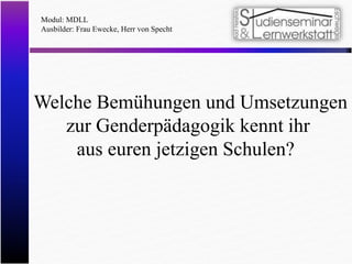 Modul: MDLL
Ausbilder: Frau Ewecke, Herr von Specht
Welche Bemühungen und Umsetzungen
zur Genderpädagogik kennt ihr
aus euren jetzigen Schulen?
 